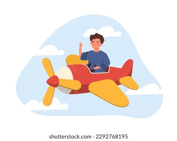 Junge im Flugzeug. Anfänger Piloten, Luftfahrt und Flüge, Reisen. Fantasie und Fantasie. Sommer- oder Frühlingshimmel. Poster oder Banner für die Website. Cartoon-Flavektor-Vektorgrafik