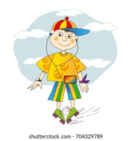 Boy on roller skates listening to music