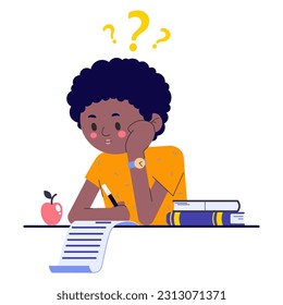 Boy on school exam. Kid study and think about test or homework in class. Pupil confused how to do survay on blank. Vector illustration about child education.