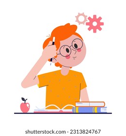 Boy on school exam. Kid study and think about test or homework in class. Pupil confused how to do survay on blank. Vector illustration about child education.