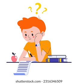 Boy on school exam. Kid study and think about test or homework in class. Pupil confused how to do survay on blank. Vector illustration about child education.