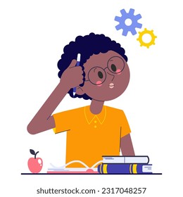 Boy on school exam. Kid study and think about test or homework in class. Pupil confused how to do survay on blank. Vector illustration about child education.