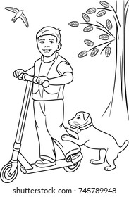 Boy on the scooter. Coloring page. Vector