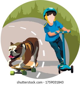 niño en una motocicleta y un perro en una patineta en la ilustración del vector de la carretera