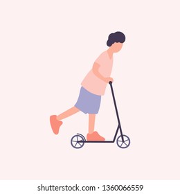 Boy on a scooter isolated on a light background. Colorful flat vector illustration.