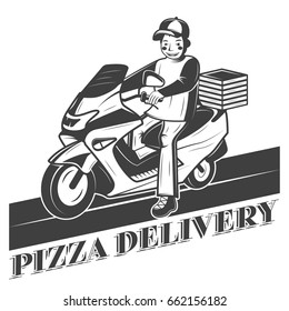 Boy on scooter, pizza delivery vector vintage label, badge, or emblem