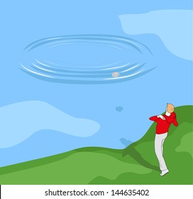 The boy on the shore of the pond throwing stones into the water