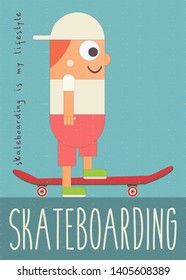 Boy on Skateboard on Blue Background. Young Cartoon Skater. Poster Template. I Love Skateboarding Concept. Vector Illustration.