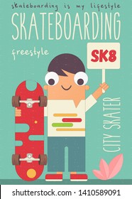 Boy on Skateboard on Blue Background. Young Cartoon Skater. Poster Template. I Love Skateboarding Concept. Vector Illustration.