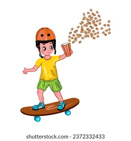 A boy on a skateboard with a bucket of popcorn in his hands. Vector illustration. Greeting cards, invitations, posters, banners, book illustrations.