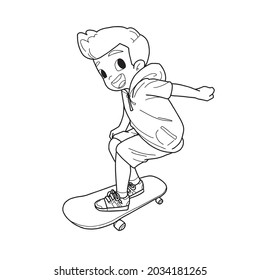 niño en skateboard caricatura ilustración vectorial .Libro de color en blanco y negro.contorno