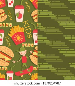 Boy on a skateboard and fast food products. Set of two seamless patterns for children textiles. Background image for the menu of eateries, cafes, shops, design textile and packaging materials.