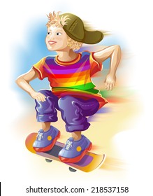 Boy on the skateboard in a multicolored t-shirt. Vector illustration.