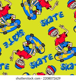 Boy on skateboard pattern seamless. Skateboarder background. T Rex texture. 