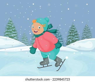 A boy on skates. Winter illustration depicting a boy skating on ice. A child in cartoon style against the background of a winter forest and snowfall. Vector illustration
