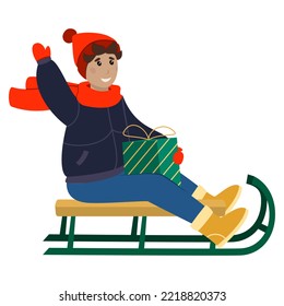 A boy on a sled in the hands of a New Year's gift. New Year, Christmas, Vector illustration