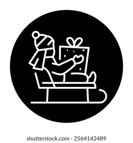 Boy on a sleigh with a gift color line icon. Vector illustration.Editable stroke.