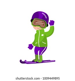 Boy on snowboard riding, winter outdoor activity cartoon vector Illustration