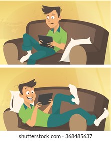 Boy On Sofa With Tablet In Hands Sad Happy Cartoon Vector Illustration