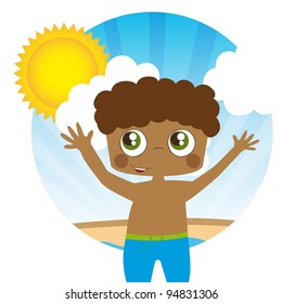 Boy on summer background, sun and clouds, Vector Illustration