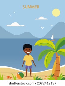Boy on summer beach. Schoolboy went swimming on vacation. Poster, banner and background. June, July, August. Character with ball in tropics near sea or ocean. Cartoon flat vector illustration