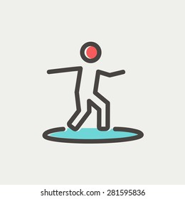 Boy on the surf board icon thin line for web and mobile, modern minimalistic flat design. Vector icon with dark grey outline and offset colour on light grey background.