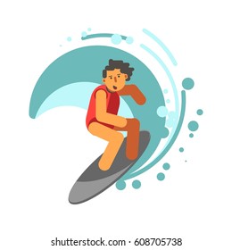 Boy on surfing board under blue aqua wave vector illustration. Picture in flat design of young male person spending time active in sea or ocean by doing sport. Summer water game template icon