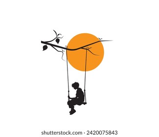 Boy on a swing on branch on sunset, vector illutration. Boy silhouette on a swing on branch silhouettes. Wall decals isolated on white background, art design, drawing artwork. Cute wall art, artwork