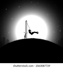 Boy on swing. Child silhouette on playground. Full moon in starry sky