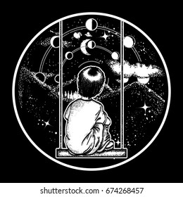 Boy On A Swing In Mountains, Dreamer Tattoo Art. Dreaming Genius T-shirt Design. Symbol Of Poetry, Psychology, Philosophy, Astronomy, Science. Lunar Phases And Universe 