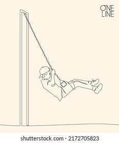 Boy on swing outline. Linear child silhouette. Continuous single line