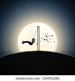 Boy on swing silhouette. Dying child. Death and afterlife. Full moon