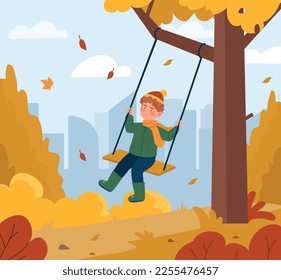 Boy on swing. Young schoolboy in scarf and hat resting on street, in nature. Poster or banner for website. Autumn season and relax, leisure and activity. Cartoon flat vector illustration