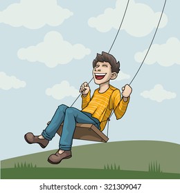 Boy on the swings, happy, vector illustration