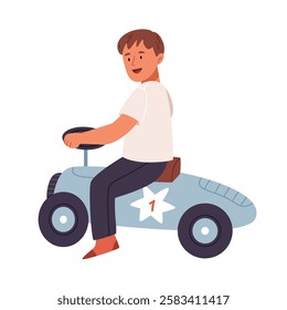 Boy on a toy retro Scandinavian car.Young boy driving car