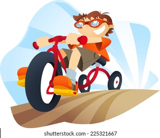 Boy on a tricycle going pretty fast.