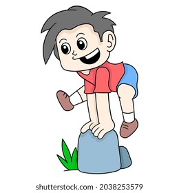 boy is on vacation playing jumping over rocks, vector illustration art. doodle icon image kawaii.