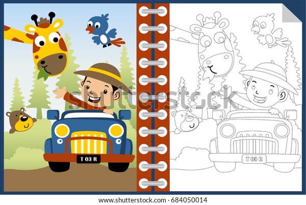 Boy on vehicle cartoon with funny animals, coloring\
book or page