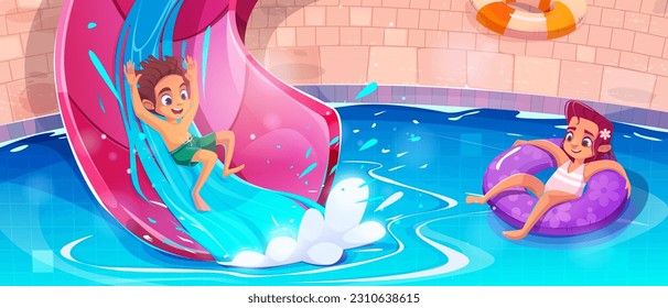 Boy on water slide and girl play in pool aqua park cartoon vector background. Happy summer kid waterpark with inflatable ring amusement and plastic pipeline in outside public playground resort