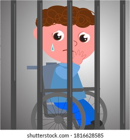 Boy on wheelchair behind bars, sad for the lack of freedom, concept vector illustration