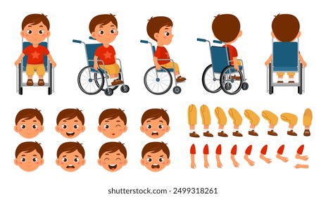 Boy on wheelchair constructor. Happy child with disability. Pack of legs, hands and faces for creating animation and cartoons. Flat vector collection isolated on white background