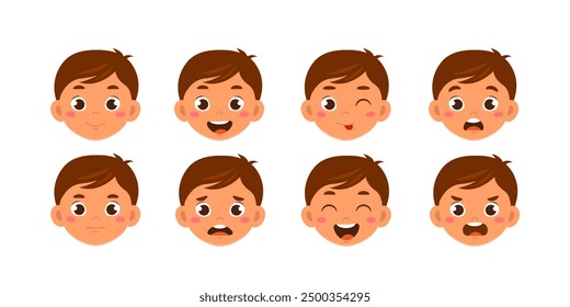 Boy on wheelchair constructor. Schoolboy with different emotions and feelings. Kit for creating cartoons. Pack of heads and faces. Flat vector collection isolated on white background