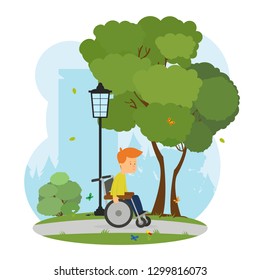 boy on a wheelchair walks in a city park. vector illustration