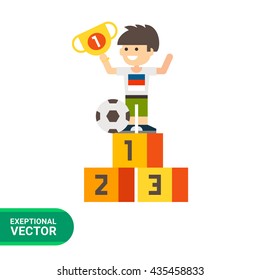 Boy on winner pedestal