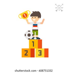 Boy on winner pedestal