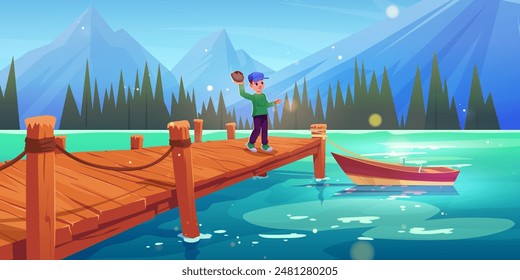 Chico en el muelle del lago de madera arroja la piedra en el paisaje del Vector acuático. Embarcadero y barco en la mañana para la ilustración de verano de ecoturismo. Feliz adolescente turista cerca del bosque y la costa con la escena de viaje de dibujos animados de rock.