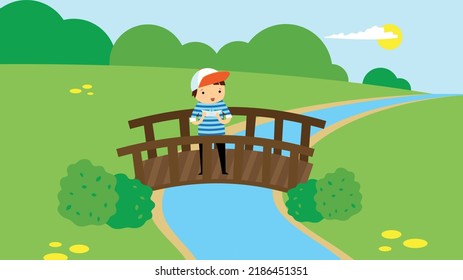 boy on a wooden bridge