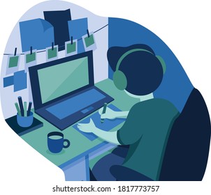 boy on workspace doing work at home flat illustration design