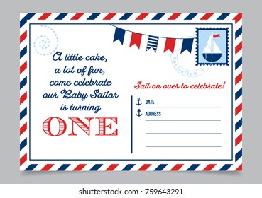 Boy one year birthday invitation marine postcard