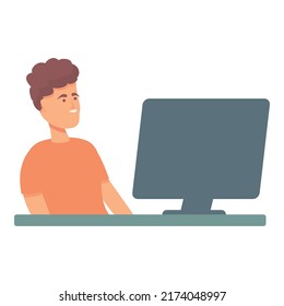 Boy online class icon cartoon vector. Computer kid. Student study